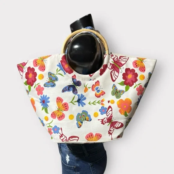 Lancome Butterfly Shoulder Bag White Handbag Cotton Canvas Purse Accessory Bugs - Picture 1 of 3